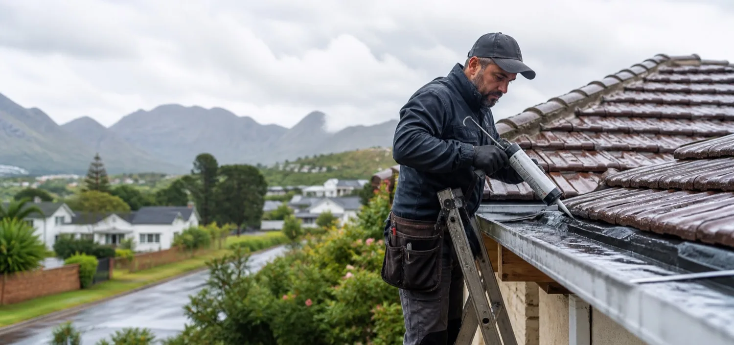 Roof technician inspecting a leak on a Worcester home after rain